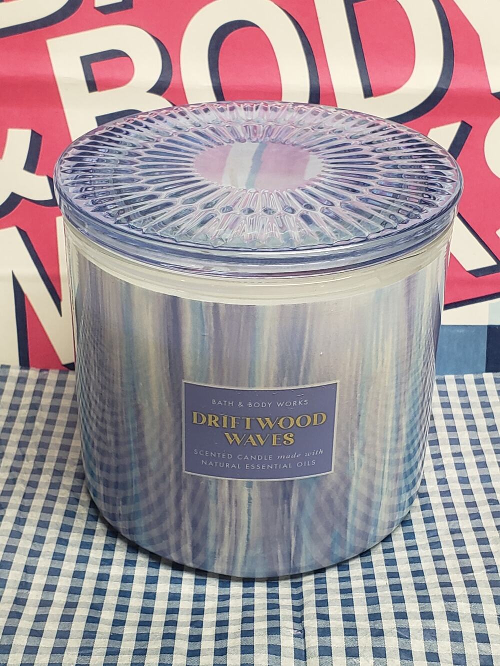 BBW Driftwood Waves Glass Decorative Lid Large 3 Wick 14.5oz Candle
